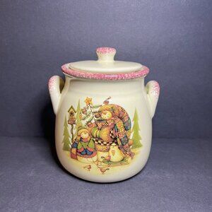 VTG Commodities Ceramic Snowman Family Double Handle Christmas Canister w/ Lid
